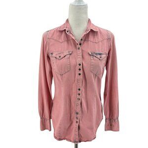 Ryan Michael Womens Small Top Snap Button Tinted Indigo Cotton Western Pink